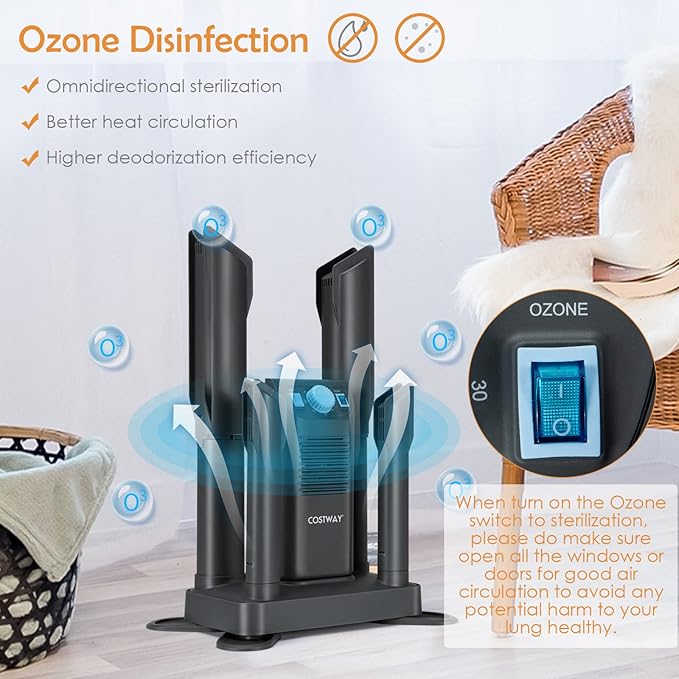 COSTWAY Boot Dryer, Shoe Dryers with 180 Mins Timer & Heating Blower, Ozone Disinfection, Extendable Design, Electric Shoe and Boot Warmer for Work Boots, Ski, Glove, Hats, Grey - Image 3