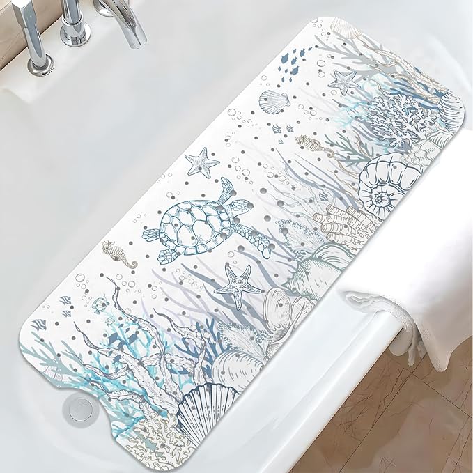 Sea Turtle Bathtub Mat Non Slip, Cute Baby Bath Mat for Tub Rubber Tub Mat, Kids Bath Mats for Bathroom Undersea Anti Slip Shower Mat with Suction and Drain Holes Machine Washable, 40″X16″ by Unknown