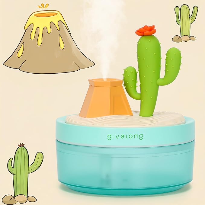 Cactus Mini Humidifier, Cute Desktop Humidifiers for Bedroom, 320ml Portable Small Cool Mist Humidification, USB Powered, Auto Shut-Off, Perfect for Home, Office & Indoor Plants by Cerrota