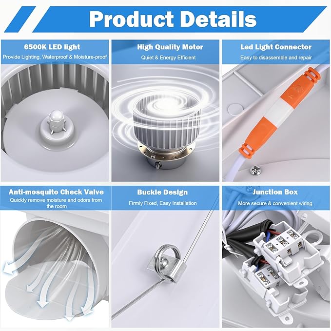 FEITON Square Bathroom Exhaust Fan with Light, 160 CFM 35W 4 Inch Duct, 100-240V 1.0 Sones Quiet Bathroom Ceiling Fan, Shower Fan Light Combo(Mounting Hole: 10.2 x 10.2 Inches) - Image 5
