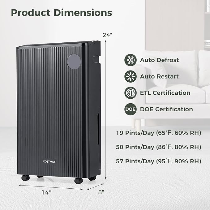 COSTWAY 4,500 Sq. Ft Dehumidifier for Basement, 3-Color Humidity Indicator, Dry Clothes Mode, 12" Drain Hose & Wheels, 57 Pints Dehumidifier for Large Room (Black) - Image 4
