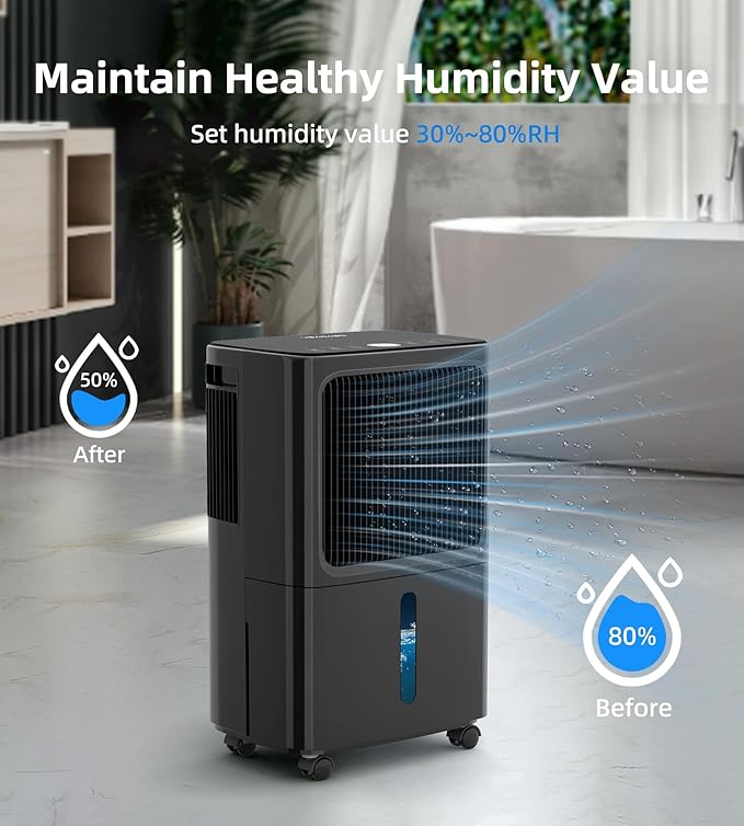2500 Sq.Ft Dehumidifiers for Home with Drain Hose Max 34 Pints, VEAGASO Dehumidifier for Basement, Bathroom, Bedroom, Three Modes, Intelligent Humidity Control, Dry Clothes, 24HR Timer (BLACK) - Image 2