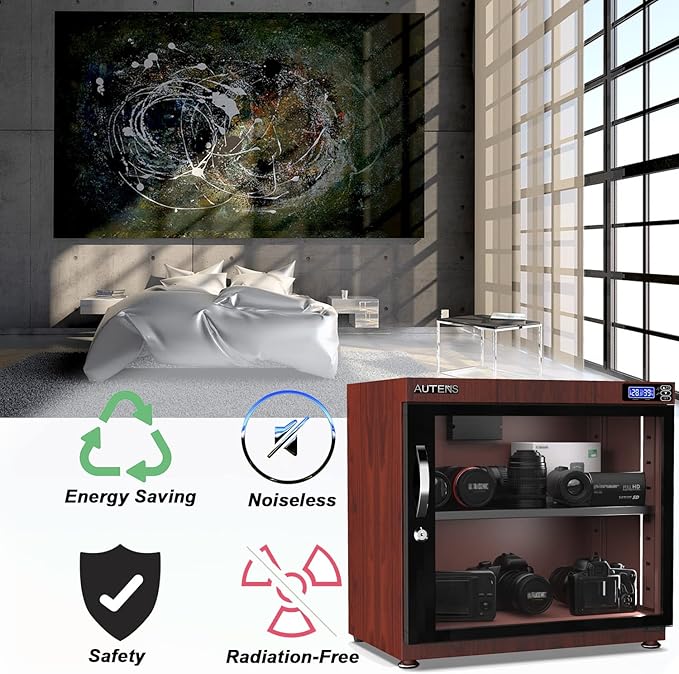AUTENS 80L Dehumidifying Dry Cabinet Box, Wood grain Design Digital Control Noiseless and Energy Saving, for Camera Lens and Electronic Equipment Storage,Temperature Humidity LED Dual Screen - Image 4