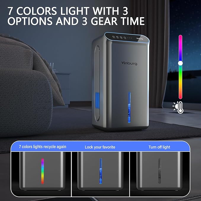 Dehumidifiers for Home (85 OZ Water Tank, 800 sq.ft) Quiet Small Dehumidifier for Basement Bedroom Bathroom with Drain Hose, 3 Gear Timer, Sleep Mode, Auto Shut Off, 7 Color Ambient Light - Image 6