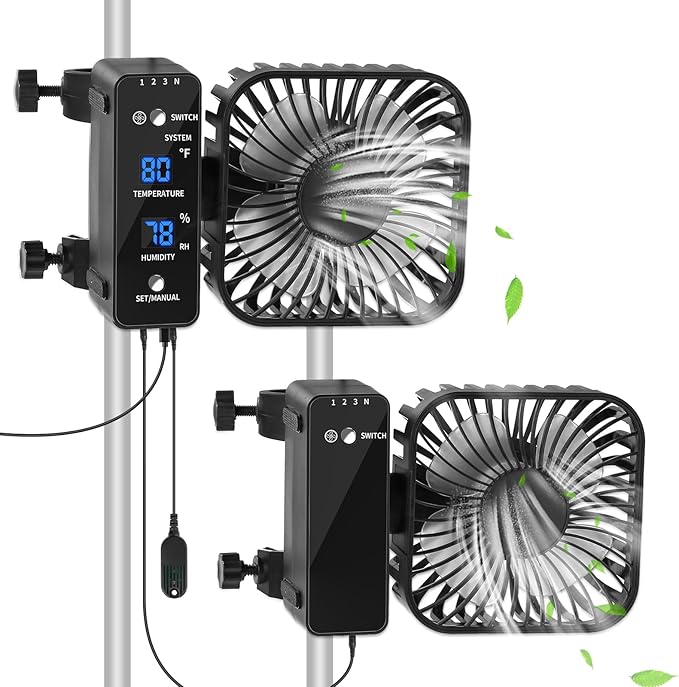 2-Pack 4” Grow Tent Fan With Temperature And Humidity Meter,Automatic Humidity Control,Oscillating Fan For Hydroponic Ventilation Circulation With Clips,Adjustable Speed Quiet Greenhouse by DAOTAILI