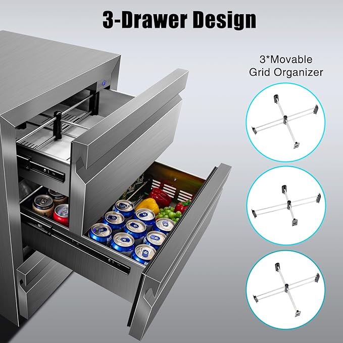 24 Inch Upgraded Three-Drawer Beverage Fridge, Weather Proof Outdoor Stainless Steel Beverage Refrigerator, Under Counter Built-in Beverage Cooler for Home & Commercial Use - Image 5