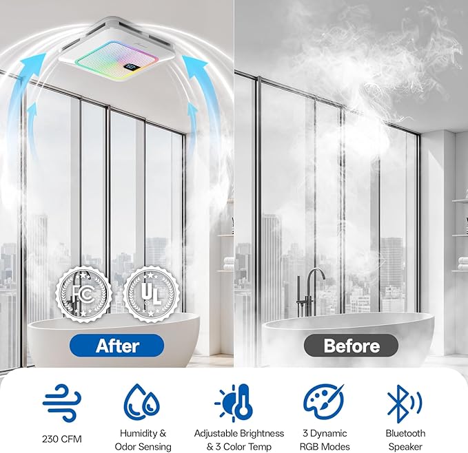 Smart Bathroom Exhaust Fan with Bluetooth Speaker, 230 CFM 1.0 Sone Exhaust Fan with Humidity & Odor Sensor, Remote/App/Voice Control, Adjustable LED Lighting & Dynamic RGB Mood Light (White) - Image 4