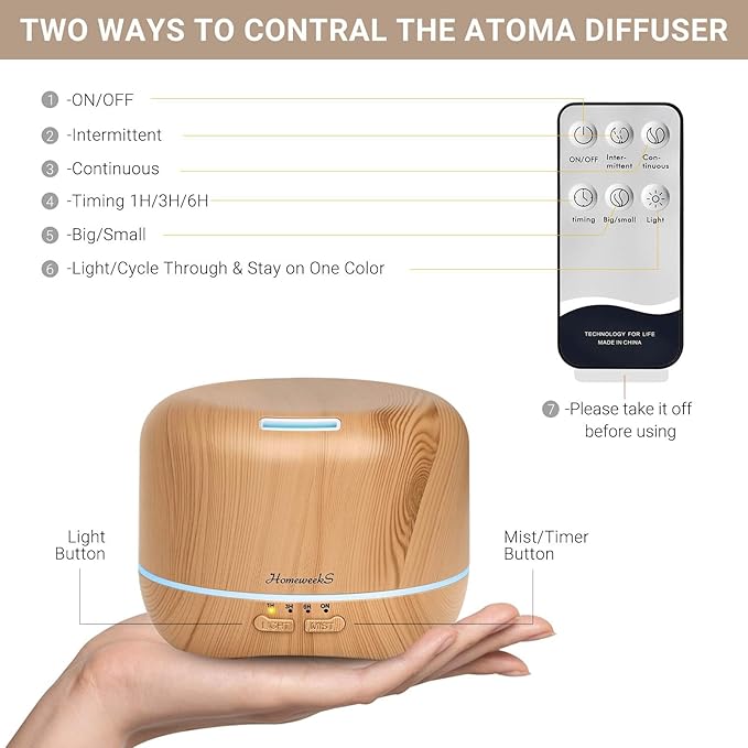 Homeweeks 300ml Essential Oil Diffuser, Quiet Aromatherapy Mist Diffusers for Essential Oils, Wood Grain, Ultrasonic, Remote Control, Timer, 7 Colors Light for Bedroom (300ml Yellow Wood Grain) - Image 7