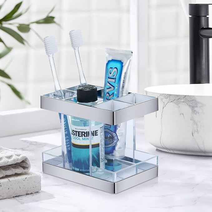 Chintu Toothbrush Holders for Bathrooms - Electric Tooth Brushing Holder Rustic Farmhouse Toothbrush Organizer for Bathroom Counter 5 Slots Toothbrush and Toothpaste Holder for Family Kid Clear/Silver - Image 2