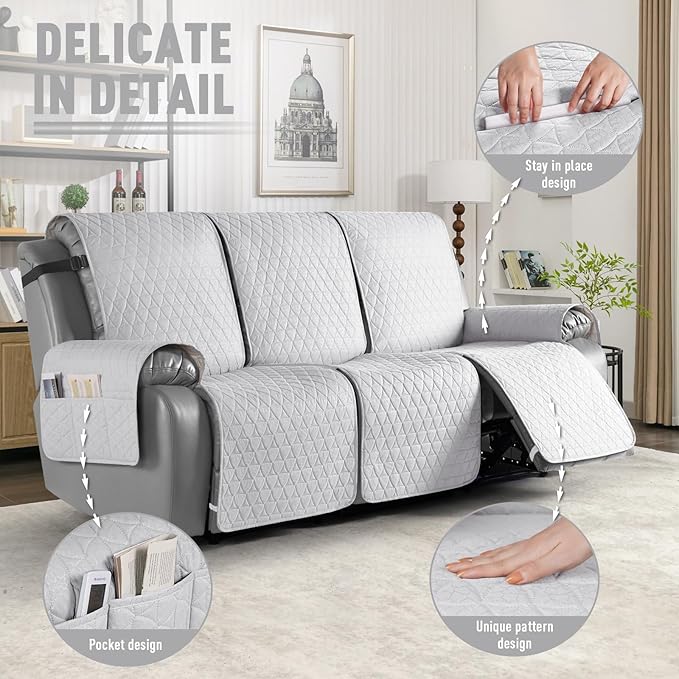 TAOCOCO 100% Waterproof Recliner Cover, Non-Slip Washable Reclining Couch Cover with Elastic Leg Straps, Furniture Protector for Dogs (Off White, 3 Seater) - Image 6