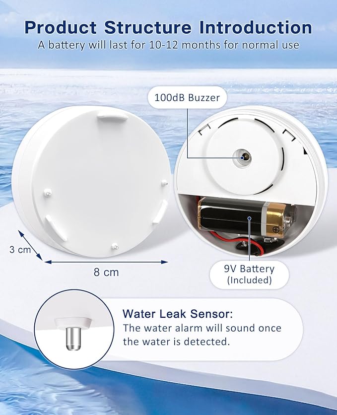 Geevon 4 Pack Water Leak Detectors, 100dB Water Sensor Alarms Flood Detector for Basements, Bathrooms, Laundry Rooms, Kitchens, Garages, and Attics, Water Alarms Battery-Operated (Battery Included) - Image 4