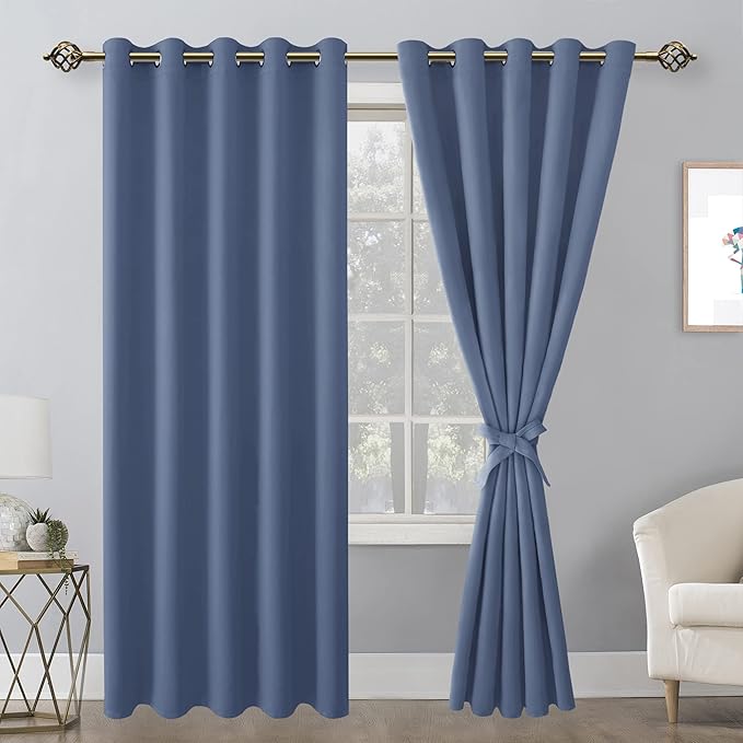Hiasan Grommet Blackout Curtains for Bedroom, 60 x 72 Inches - Thermal Insulated & Light Blocking Window Drapes for Living Room/Dorm Room, Set of 2 Panels Sewn with Tiebacks, Blue Haze - Image 2
