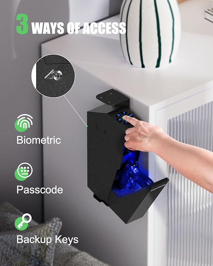 Gun Safe, Biometric Pistol Safe Fingerprint Quick Access Drop Down Handgun Safe Single Mount Pistol Case for Desk Bedside Nightstand - Image 4