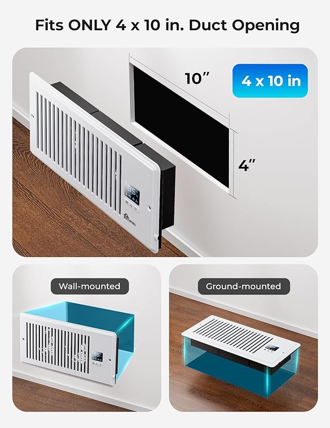 Register Booster Fan, Fits 4” x 10” 140CFM with Remote Control, Smart Vent Fan Booster with Adjustable 10-Speed Control, Quiet Heating Cooling with Thermostat Control for Wall, Floor - Image 2