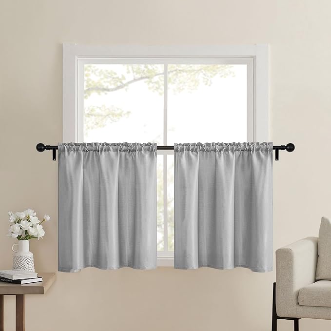 Home Queen Grey Waffle Bathroom Window Curtains, Short Water Repellent Rod Pocket for Small Kitchen Window, 36 W X 24 L Inch Each by HomeQueen