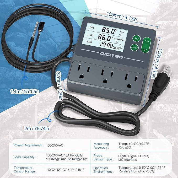 DIGITEN Temperature and Humidity Controller with Timer - 3 Outlet, 2 Separate Probes, Plug in Temperature Controller for Reptiles,Snake, Mushrooms, Tent, Triple Control for Temp,Humidity,Time - Image 3