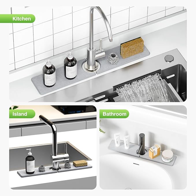 20" x 4" Stone Faucet Mat for Kitchen Sink, Quick Drying Diatomite Sink Tray, Faucet Sink Splash Guard for Prevents Moisture Buildup (Light Gray) - Image 8