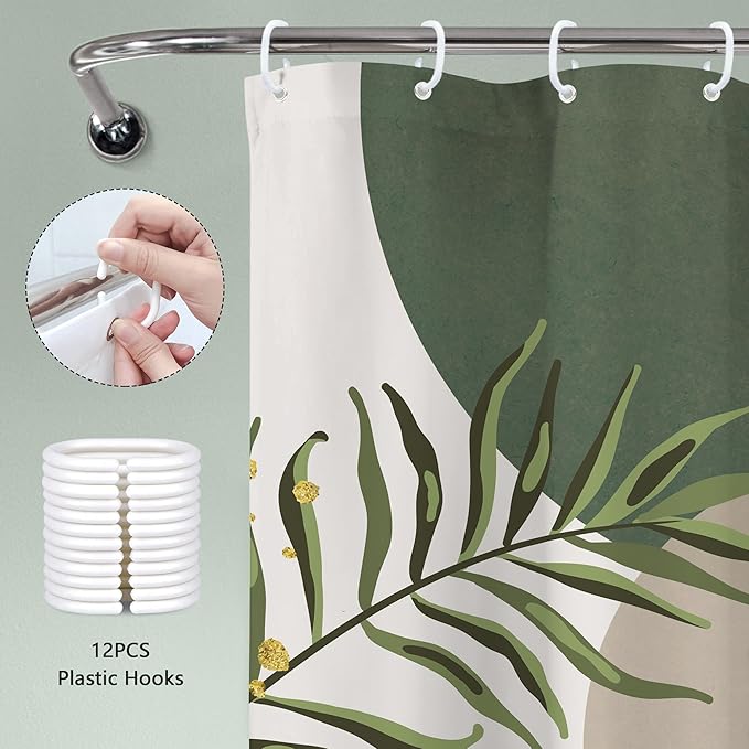 Small Stall Green Boho Shower Curtain 54Wx78H Rv Modern Bohemian Abstract Sage Green Gold Leaves Plant Minimalist Narrow Half Bathroom Decor Geometric Bath Curtain Fabric Polyester 12 Pack Hook - Image 6