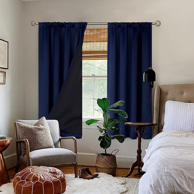 BGment Thermal Insulated 100% Blackout Curtains for Bedroom with Black Liner, Double Layer Full Room Darkening Noise Reducing Rod Pocket Curtain (42 x 63 Inch, Navy Blue, 2 Panels) - Image 2