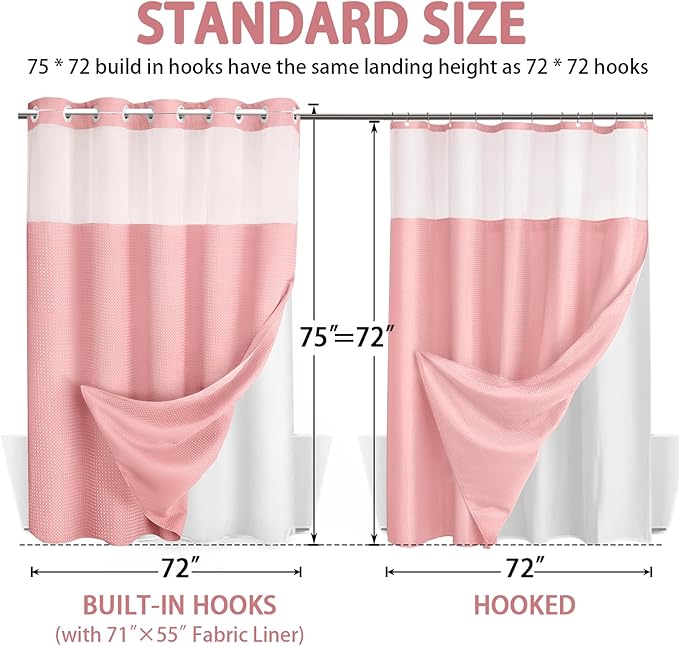 No Hook Shower Curtain and Liner Set,Pink Hotel Waffle Shower Curtain with Liner 75" L x 72" W - Image 6