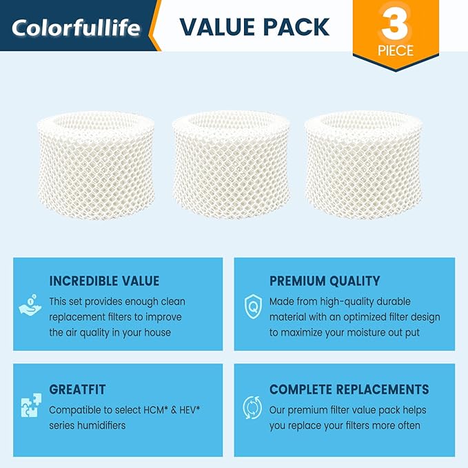 Colorfullife 3 Pack HAC-504 Humidifier Wicking Filters for Honeywell Humidifier HAC-504 HAC-504AW HAC504V1 HCM350 HCM-350W HCM-300T HCM-315T HCM-530 HCM-600 HCM-710 HEV-312, Replacement Filter A - Image 6