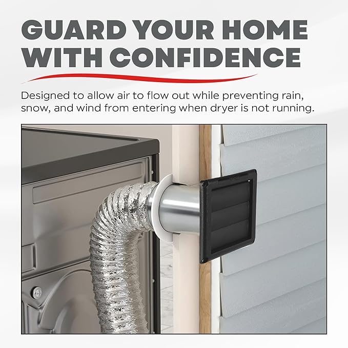 Deflecto Supurr-Vent 4” Outdoor Dryer Vent Cover Black Louvered Wall Hood with Gravity Damper for Backdraft Prevention, Fits Standard 4” Dryer Exhaust Pipe, Weather & UV-Resistant, Durable 6"x6" Face - Image 4