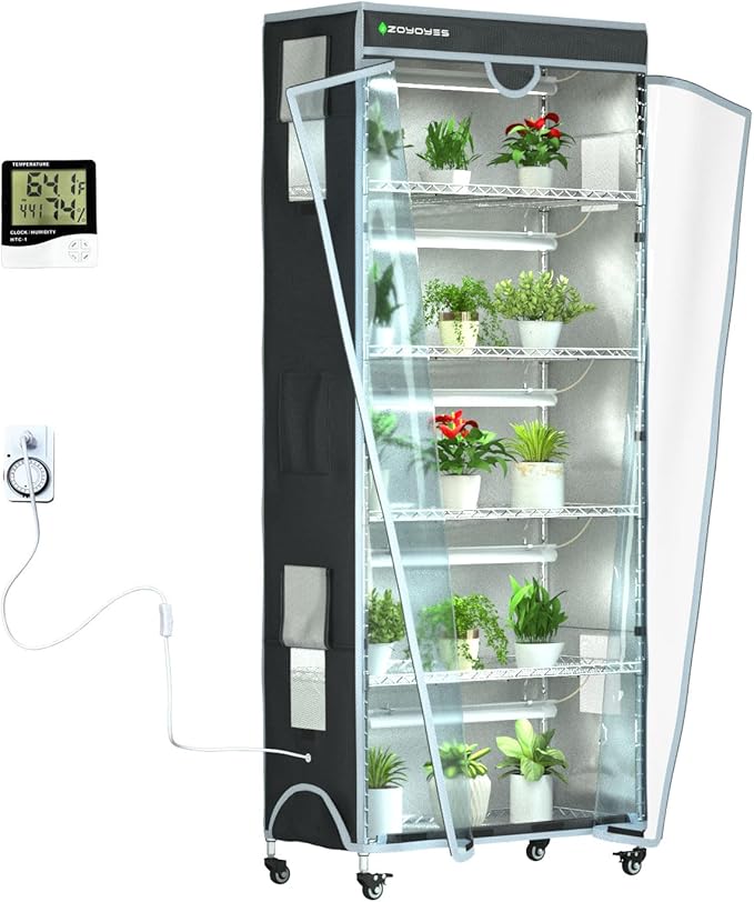 Indoor Greenhouse 6-Tier Plant Rack with Cover, 5 T8 Grow Lights, Thermometer & Timer – Seedlings, Flowering, Herbs & Vegetables, Indoor Gardening, Easy Assembly 30" W x 14" D x 72" H by ZOYOYES