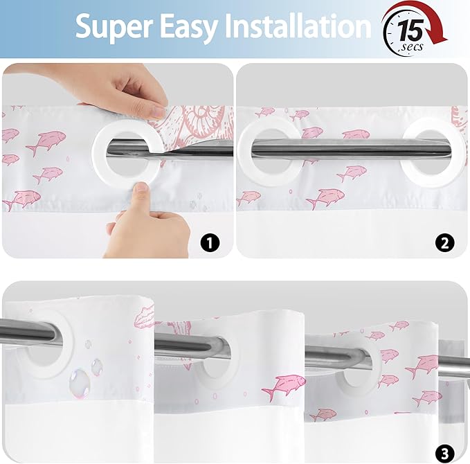 No Hook Shower Curtain with Snap in Liner, Beach Ocean Nautical Coastal Shower Curtains and Liner Set for Bathroom, Seashell Hotel Bath Curtain, Waterproof Washable, Blue Pink 71" x 74" - Image 5