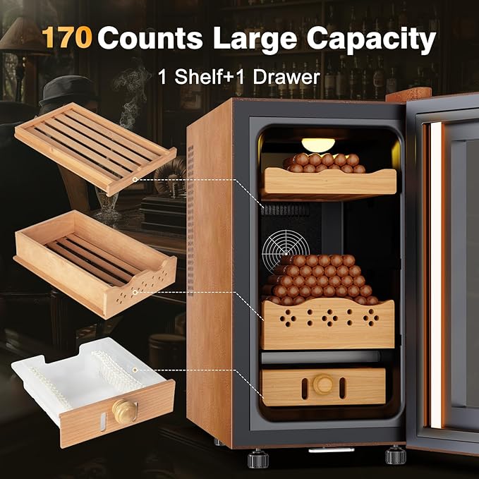 Electric Cooler Cabinet 25L with Temperature and Humidity Control, Leather Finish, Spanish Cedar Wood Shelves and Safety Lock (200 Counts Capacity), Gift for Men - Image 5