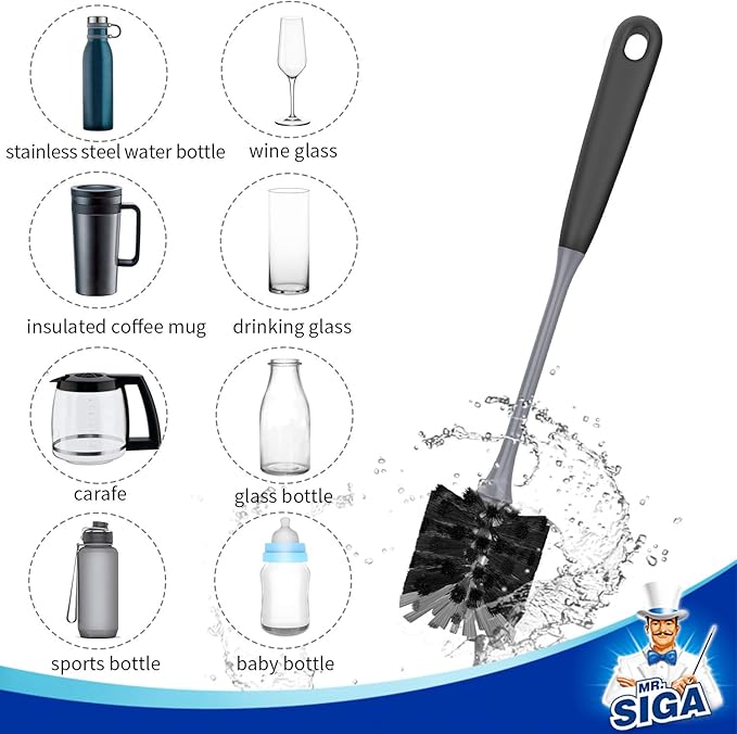 MR.SIGA Long Handle Bottle Brush, Flexible Scrub Brush for Water Bottles, Glasswares, Mugs, Black, 2 Pack - Image 4