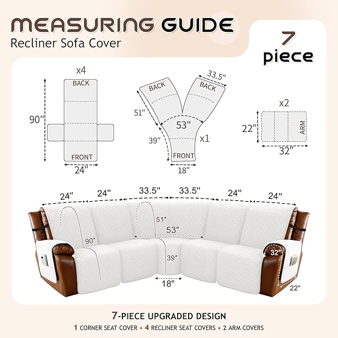 Arfntevss Waterproof Recliner Sectional Couch Covers for Reclining Sectional L Shape Sofa Cover Non Slip Washable Recliner L Shaped Slipcover Sets for Dog Furniture Protector (5 Seater, Cream White) - Image 5
