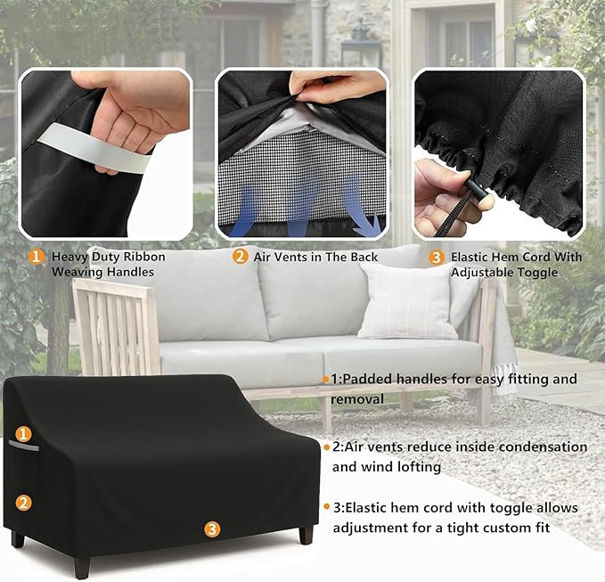 Waterproof Patio Loveseat Cover, 58.3W x 32.7D x 31H inches Heavy Duty 600D Weather-Resistant Outdoor Furniture Protector Black - Image 5