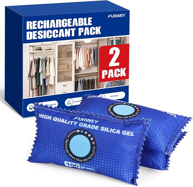 2 Pack Rechargeable Desiccant Packs, 100g Each, Blue, Color Indicating Silica Gel Dehumidifier Bags for Storage, Closets, Cars, Bins by FURWEY
