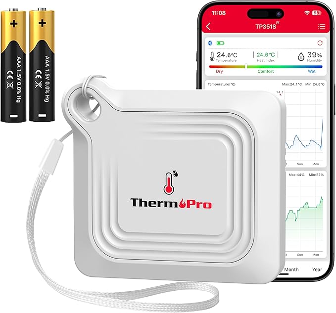 ThermoPro Bluetooth Thermometer Hygrometer, 260FT Range Temperature Sensor Greenhouse Thermometer, Remote App Control Temperature and Humidity Monitor with 2-Year Data Logging Export (TP351) by ThermoPro