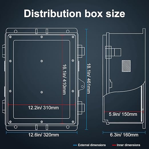 Outdoor Electrical Junction Box with High Power Outlet, ABS Water Resistant Enclosure with Internal Mounting Panel & Hinged Cover. (18.1" H* 12.6" L* 6.3" W & Outlet) - Image 6