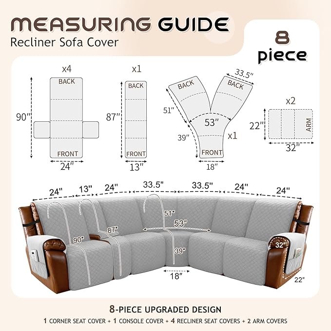 Arfntevss Waterproof Recliner Sectional Couch Covers for Reclining L Shape Sofa Cover Non Slip Washable L Shaped Slipcover Sets for Dog Furniture Protector (5 Seat with 1 Console Cover, Dove Gray) - Image 5