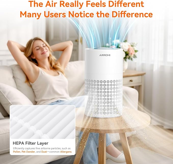 AIRROMI Air Purifier for Bedroom with HEPA 3-in-1 Filter, Pet Air Purifier for Home Cat Pee Smell, Covers Upto 990 Ft², Quiet 360° intake Air Cleaner for pet hair,allergies,Dust,Smoke A2001 White - Image 8