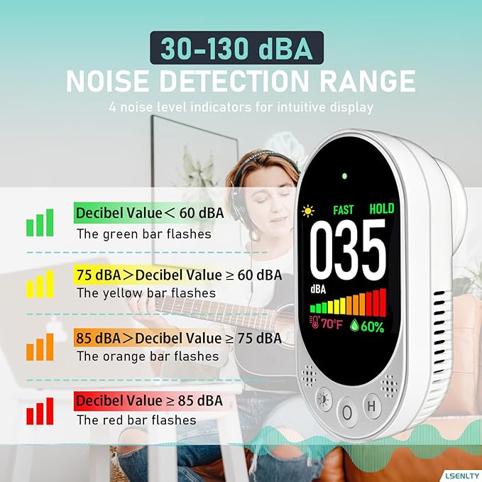 Decibel Meter Plug-in Wall, 30-130dB Sound Level Meter, Data Hold&Max/Min&Fast/Slow Response 3-in-1 Noise Detector(TEM&Humidity), A-Weighted Noise Measuring Device for Classroom Home Library - Image 6