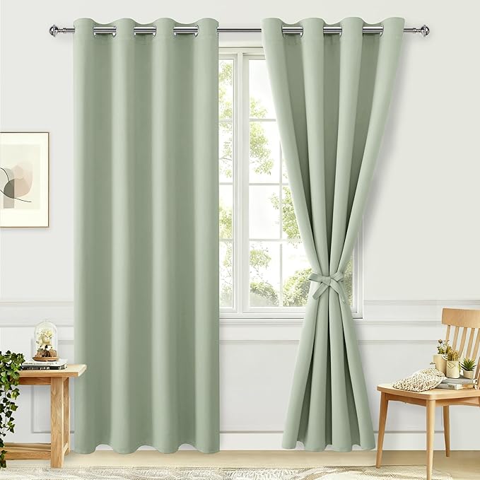 Hiasan Blackout Curtains for Bedroom, 52 x 84 Inches Long - Thermal Insulated & Light Blocking Window Curtains for Living Room/Kids Room, 2 Drape Panels Sewn with Tiebacks, Seafoam Green by Hiasan
