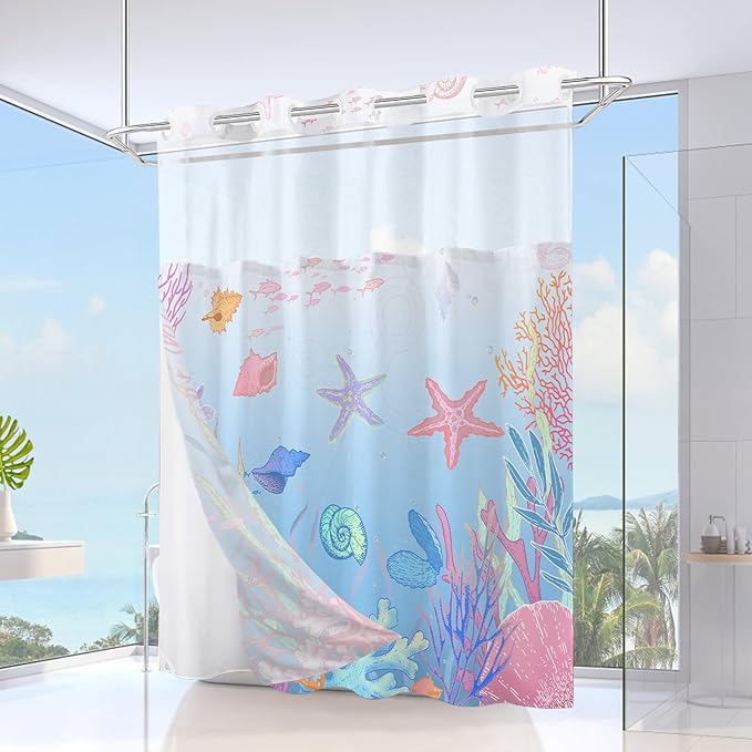 No Hook Shower Curtain with Snap in Liner, Beach Ocean Nautical Coastal Shower Curtains and Liner Set for Bathroom, Seashell Hotel Bath Curtain, Waterproof Washable, Blue Pink 71" x 74" - Image 2