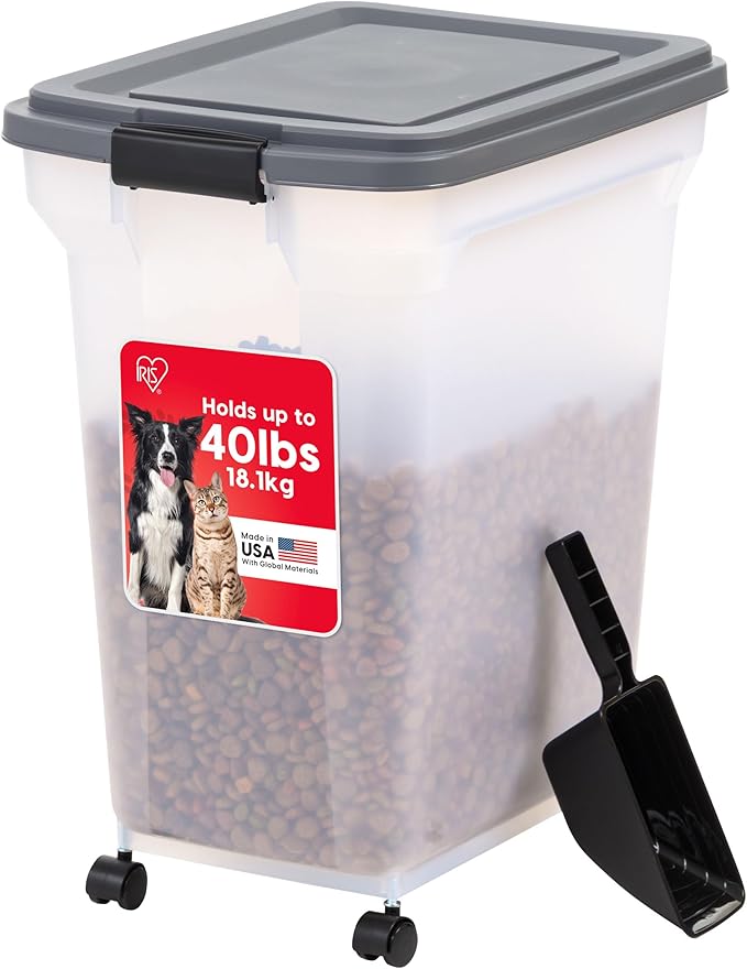 IRIS USA Dog Food Storage Container 40 lbs, Attachable Wheels, & Included Scoop, for Dog Cat Birds and other Pets, Food Storage Bin, Keep Fresh, Easy Mobility, BPA Free - Made in the USA, Dark Gray by IRISUSA