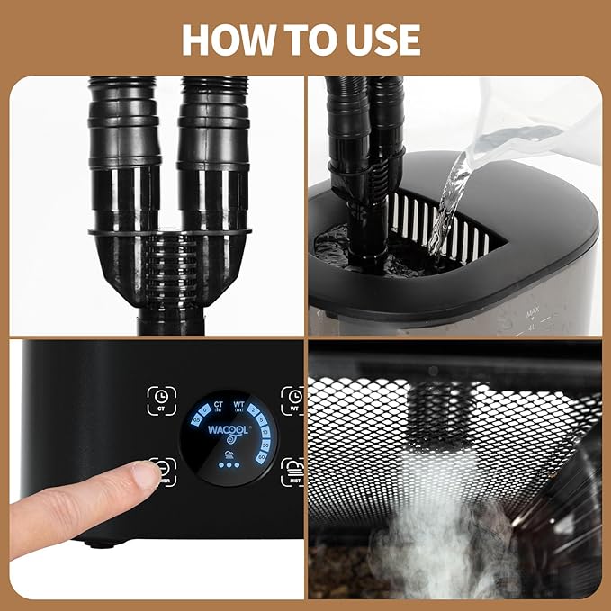 WACOOL Upgraded Digital Timing Reptile Fogger, 4L No Leak Reptile Humidifier with 2 Hose, Top Filling Automatic Terrarium Humidifier Fogger for Reptile Use - Image 7