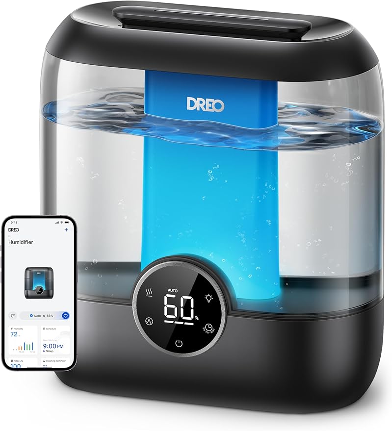 DREO Smart Humidifiers for Bedroom, 6L Top Fill Supersized Cool Mist Humidifier for Large Room, 60 Hour Runtime, Quiet Ultrasonic Humidifier for Plants, Baby, Indoor, Home, Night Light, Black by DREO
