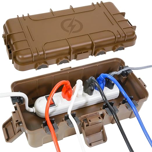 Medium Outdoor Electrical Box (11.6x5.2x4.1 inch), IP54 Waterproof Extension Cord Cover w/ 6 Cable Entry, Weatherproof Connection Box for Power Strip, Plug, Timer, Holiday Lights, Brown by OUTDSPLY