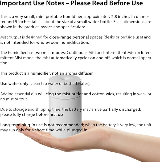 HODEMI Portable Mini Humidifier - Recharge Small Personal Desk Cold Mist Air Humidifier with Adjustable Colorful Atmosphere Light and 4/8 H Timer Sprays Modes for Car, Bedroom & Office (White) - Image 9