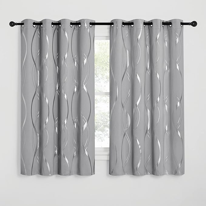 NICETOWN Blackout Curtains 63 inch Length 2 Panels, Silver Grey Window Treatment Thermal Insulated Soundproof Grommet Wave Line Foil Print Design Draperies for Living Room (52 inches Wide) - Image 2