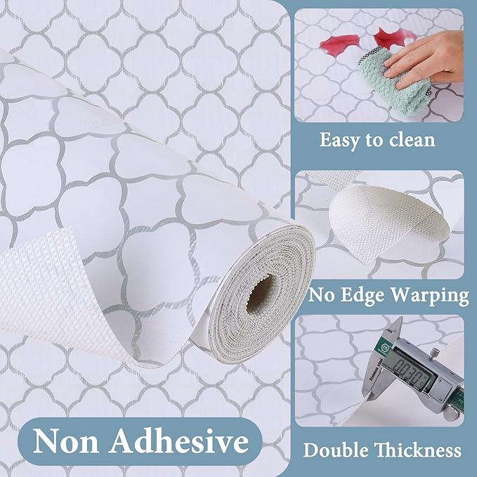 Shelf Liners for Kitchen Cabinets 12in x 20FT Non Adhesive Drawer Liner Silver Quatrefoil Shelf Liner Paper Strong Non-Slip Easy to Clean for Tool Box Refrigerator with Knife and Tape Measure - Image 2