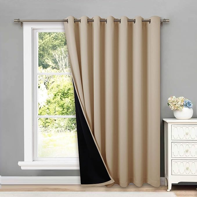 NICETOWN 100% Blackout Thermal Insulated Curtain, Noise Reducing Slider Curtain Panel with Black Lining, Full Light Blocking Patio Door Drapery (1 PC, 100-inch x 95 inches, Light Taupe=Biscotti Beige) by NICETOWN