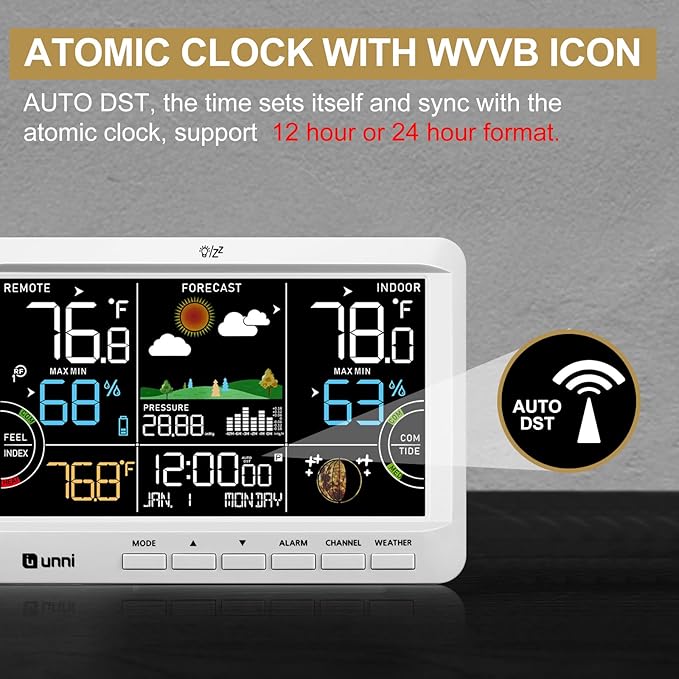 Weather Station Indoor Outdoor Thermometer Wireless, Home Atomic Clock with Large Constant Display, Inside Outside Temperature Humidity Monitor, Dew Heat Point, Barometer White - Image 5