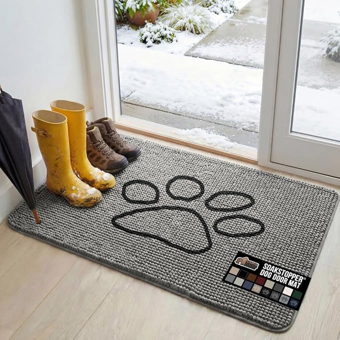 GORILLA GRIP SOAKSTOPPER Dog Door Mat, 48x30 Machine Washable Rug Absorbent Doormat Captures Moisture Mud Dirt, Quick Dry Soft Chenille Entryway Rugs Indoor Entrance Mats for Dog Paws, Paw Grey by GorillaGrip